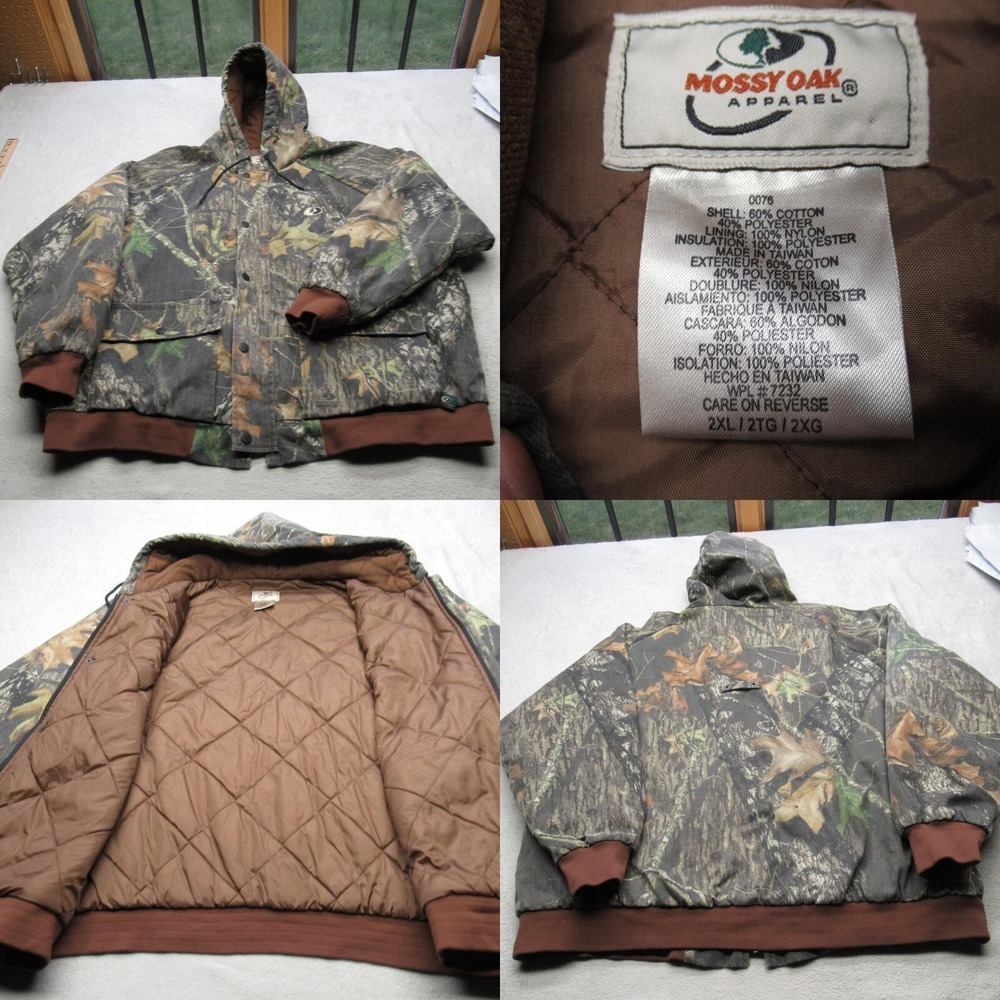 Mossy Oak Jacket Men 2XL Greeen Camo Quilt Lined Insulated Hooded Hunting VTG
